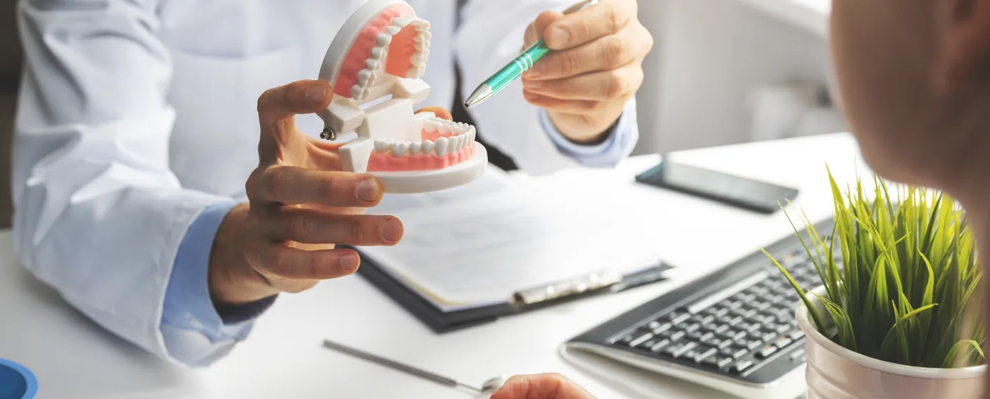 Dentist showing a patient a model of dentures